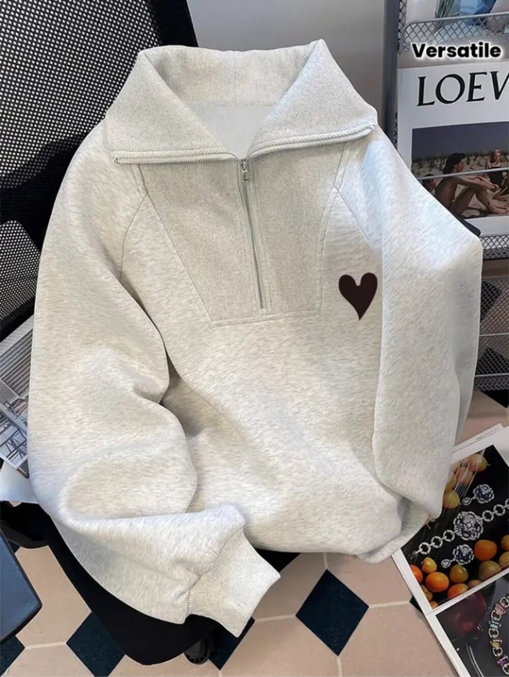 American Retro Autumn Winter Fun Heart Print Long Sleeve Oversized Lapel Fleece